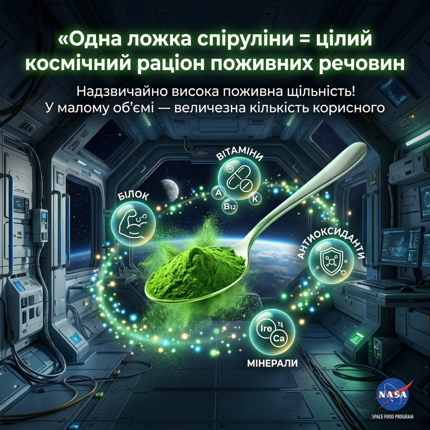 Поживна щільність спіруліни: білок, вітаміни, мінерали.